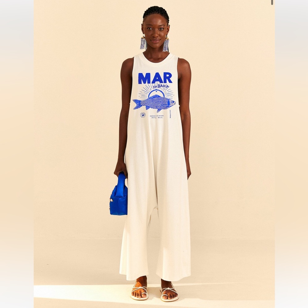 Farm Rio White Mar Da Bahia Organic Cotton Jumpsuit xs
